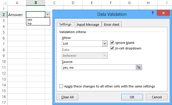 List of Data Validation in Excel 2013