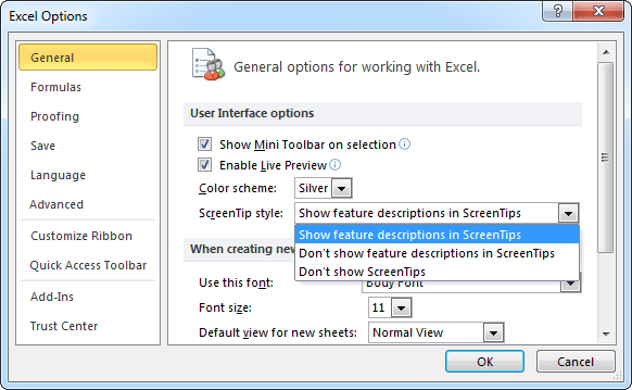 General Excel 2010 options