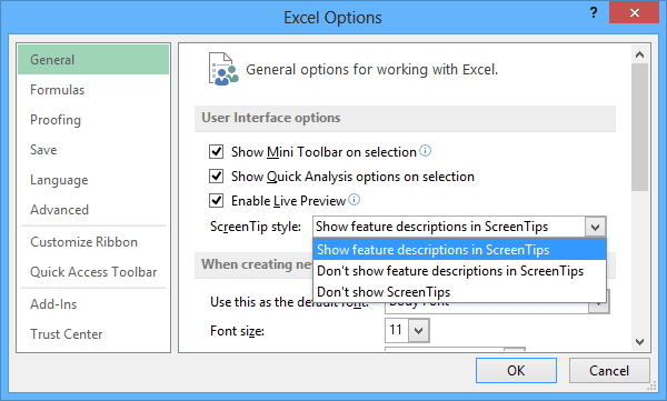 General Excel 2013 options