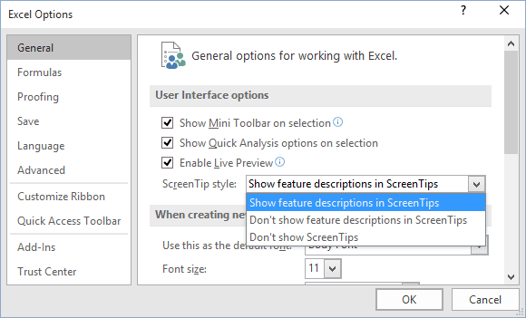 General Excel 2016 options