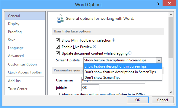 General Word 2013 options