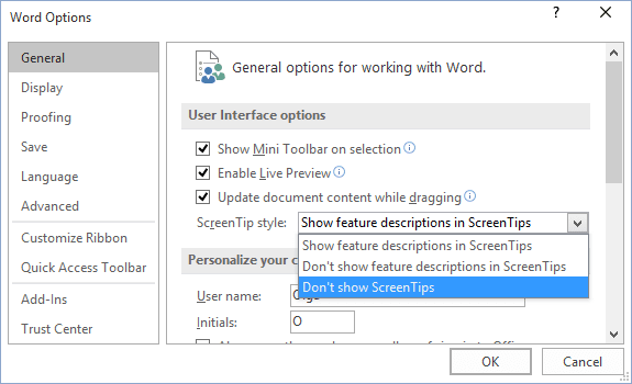 General Word 2016 options