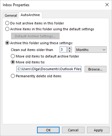AutoArchive tab in Properties dialog box Outlook 365