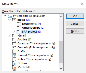 Move Items dialog box in Outlook 365