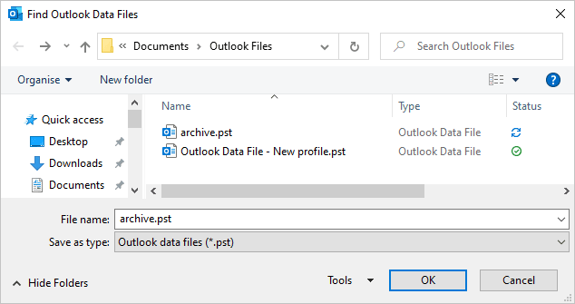 Find Outlook Data Files dialog box in Outlook 365