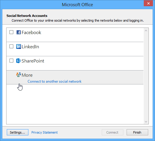 Social network accounts in Outlook 2013