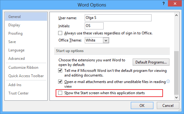Options in Word 2013