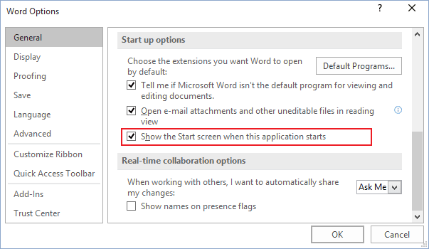 Options in Word 2016