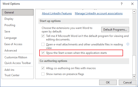 Options in Word 365