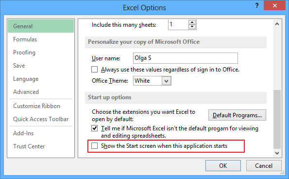 Options in Excel 2013