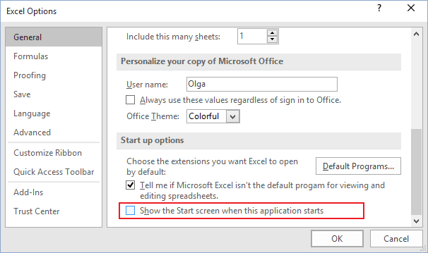 Options in Excel 2016