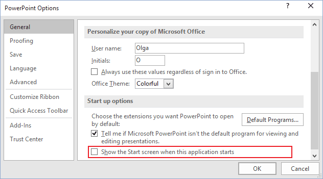Options in PowerPoint 2016
