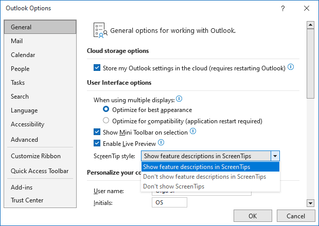 General options in Outlook 365
