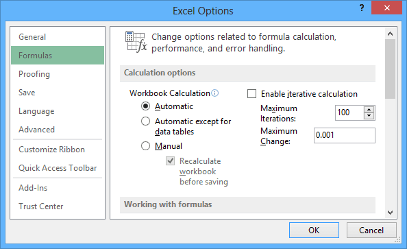 Formulas Options in Excel 2013