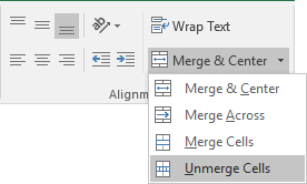 Unmerge cells in Excel 2016