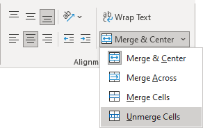 Unmerge cells in Excel 365