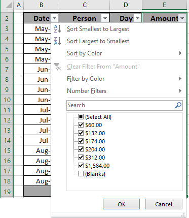 Filter in Excel 2016