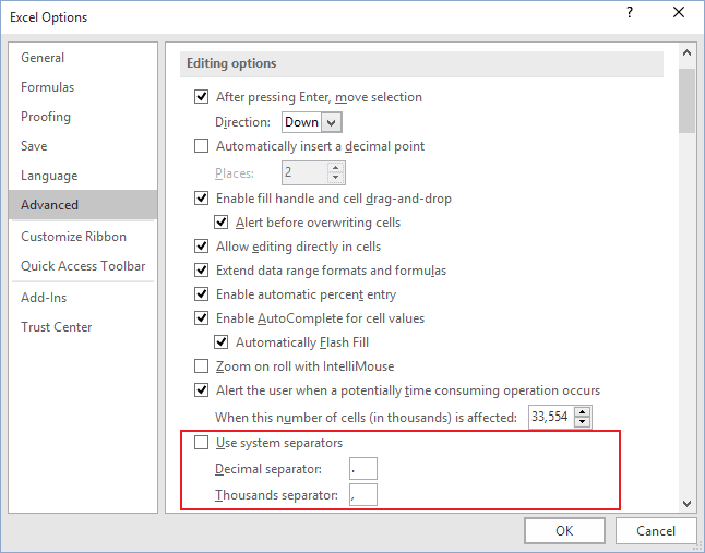 Advanced Excel 2016 options