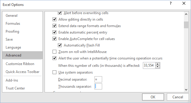 Separators Excel 2016 options