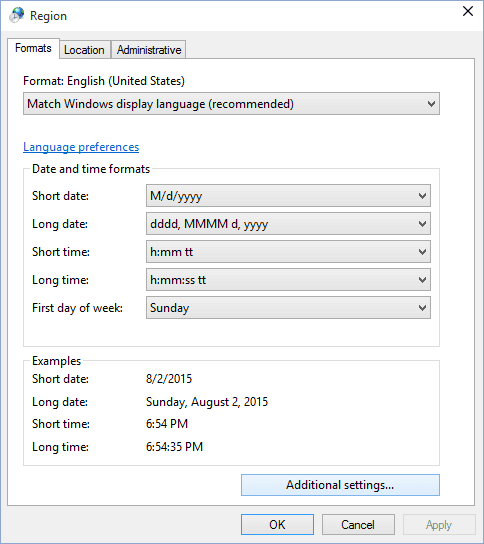 Additional settings Windows 10