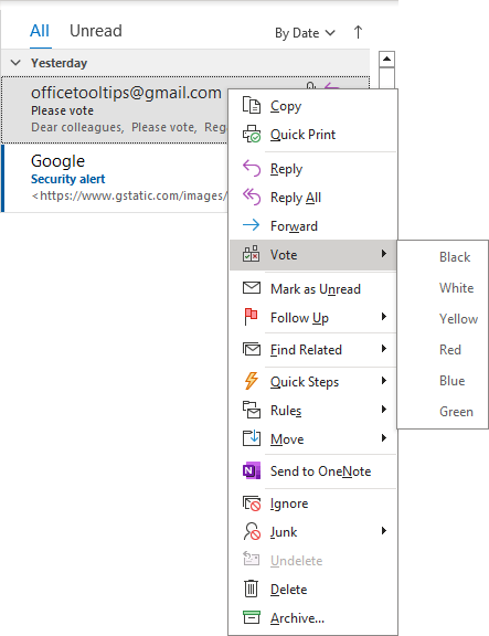 Vote list in popup menu Outlook 365