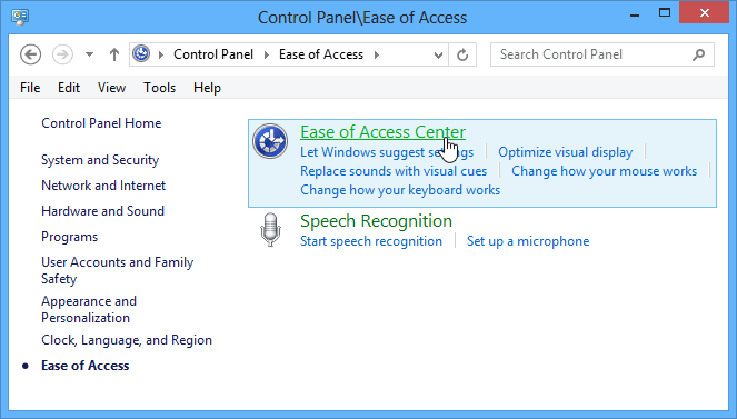 Ease of Access Center Windows 8