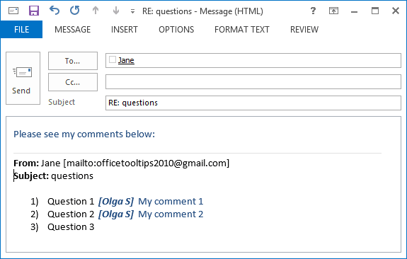 Example of comments in Outlook 2013