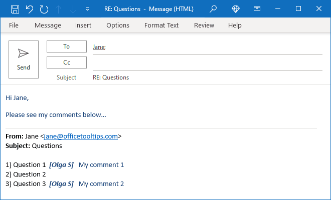 Example of comments in Outlook 365