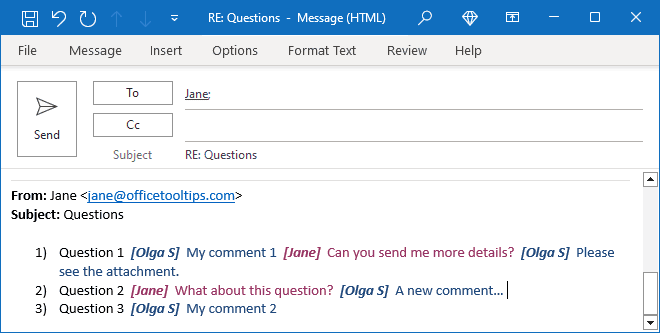 Reply and forward comments 3 in Outlook 365