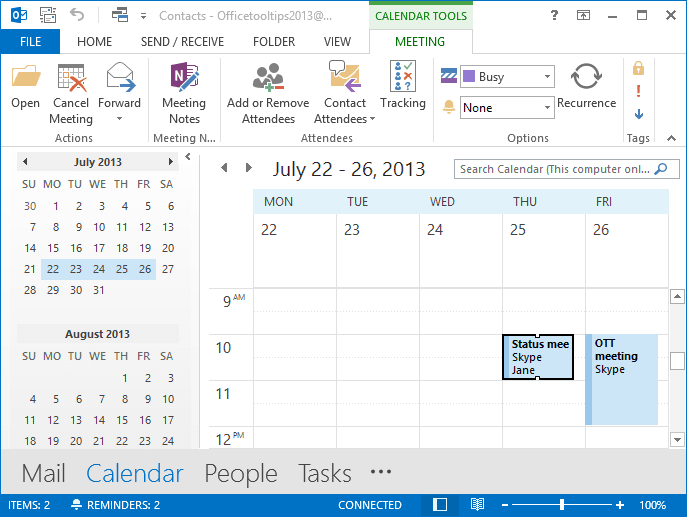 Open calendar in Outlook 2013