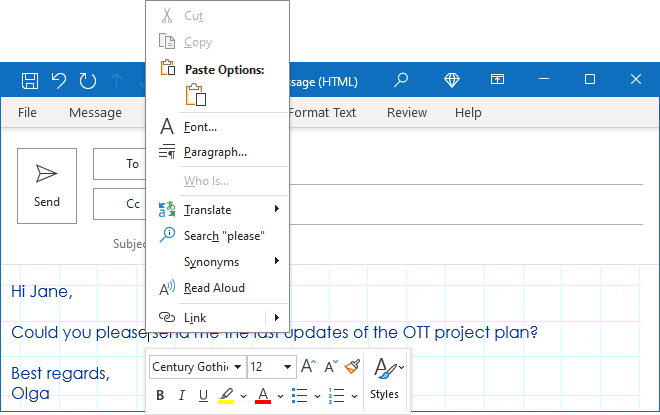 Mini Toolbar in popup menu Outlook 365