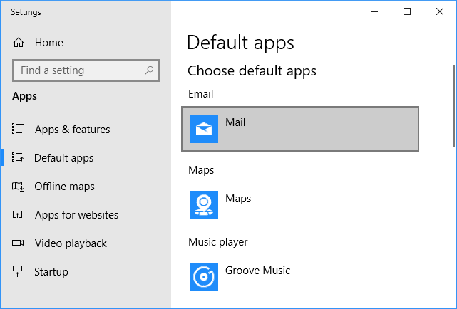 Default apps Email - Mail - Windows 10