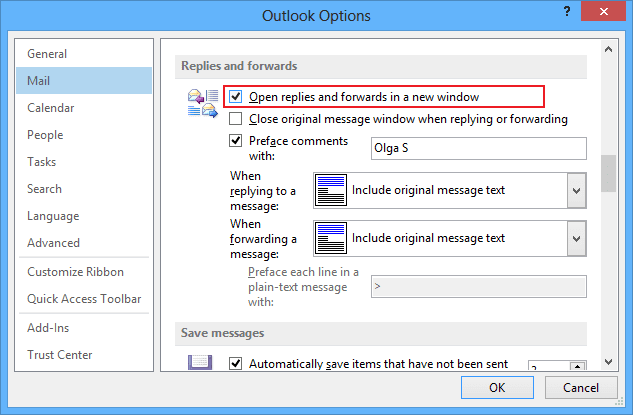 Mail options Outlook 2013