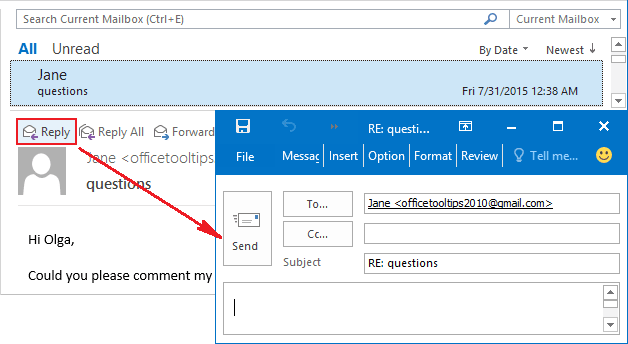 Replies and Forwards in a new window Outlook 2016