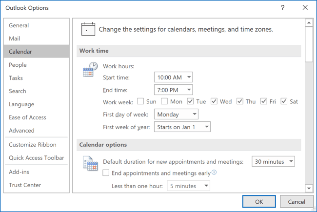 Calendar options Outlook 365
