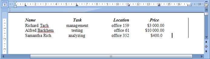 example text aligment using tabs Word 2007