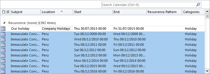 List holidays in Outlook 2010