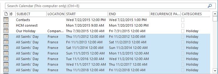 List holidays in Outlook 2016