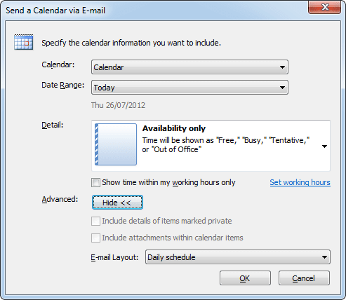 Advanced in send a calendar in Outlook 2010