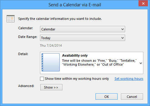 Date range in send a calendar in Outlook 2013