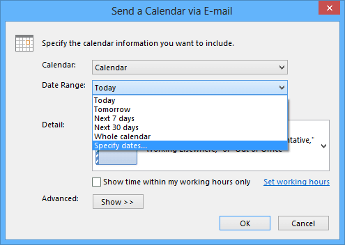 Specify dates in send a calendar in Outlook 2013