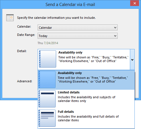 Detail in send a calendar in Outlook 2013