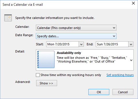 Specify dates in send a calendar in Outlook 2016