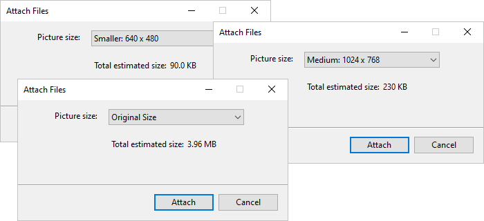 Different sizes in Attach Files dialog box Outlook 365