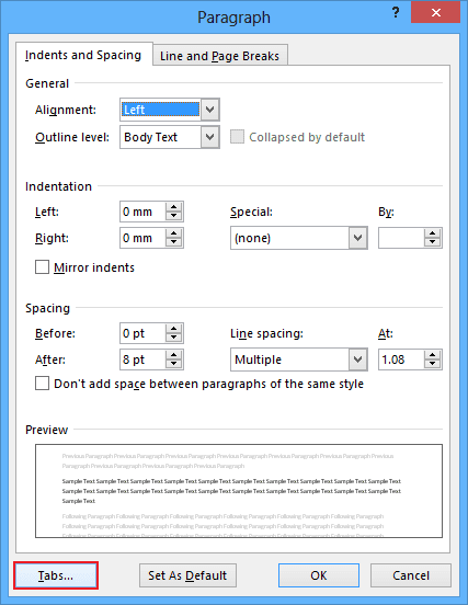 Tabs in Word 2013
