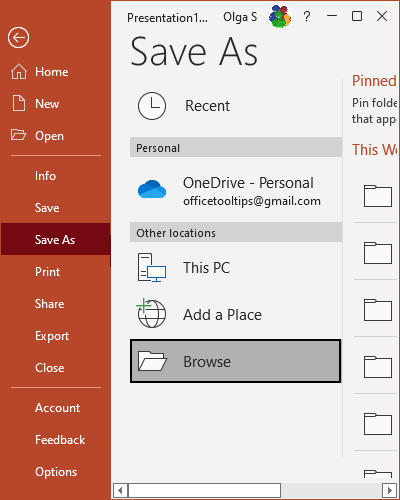 Browse button in Save As PowerPoint 365