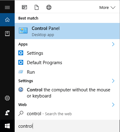 Windows 10 Control Panel in Cortana