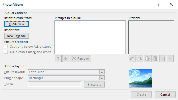 Photo Album dialog box in PowerPoint 2016