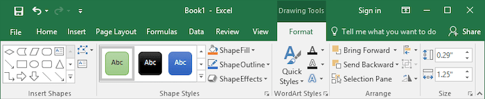 Drawing Tools toolbar in Excel 2016