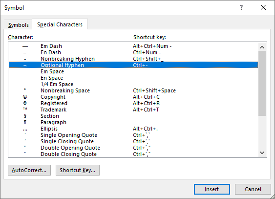 Optional Hyphen in Word 2016